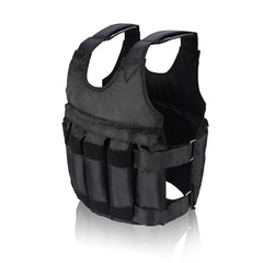 A black adjustable weighted fitness vest made of durable oxford cloth.