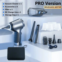 A handheld cordless vacuum cleaner with various nozzle attachments, filters, and a storage bag.