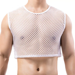 Mens Transparent Fishnet Crop Top Sexy Mesh Hollow Out Tank Tops Gym Fitness Sleeveless Undershirts T-shirts Nightclub Mini Vest