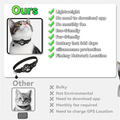 A cat wearing a lightweight black collar with a paw-shaped GPS tracker attachment.