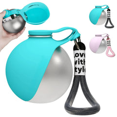 A portable stainless steel dog water bottle with a detachable silicone bowl and carrying strap.