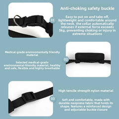 A pet collar featuring an anti-choking safety buckle, medical-grade material, and nylon webbing.