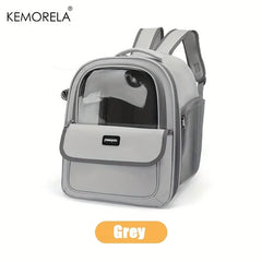 A grey foldable pet carrier backpack with a clear front window and breathable mesh side panels.