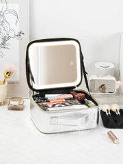 Travel Makeup Bag with LED Lighted Mirror 3 Color Scenarios Adjustable Brightness, with DIY Dividers, Toiletry Makeup Case Gift