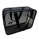 A rectangular black mesh tote bag with sturdy handles for carrying beach or shower essentials.