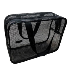 A rectangular black mesh tote bag with sturdy handles for carrying beach or shower essentials.