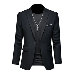 A black single-breasted blazer for men featuring a slim fit and a single button closure.