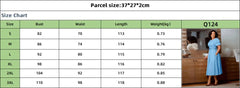 A woman wears a blue midi dress with puff sleeves and a belt in this size chart image.