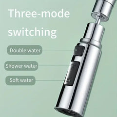 A chrome kitchen faucet sprayer head with three buttons for different water flow modes.