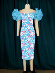 Birthday Dress For Women Party Evening Dress Mesh Sleeves Patchwork Print Wrap Hip Fashion Summer Dresses 2024 MIDI Prom Dress