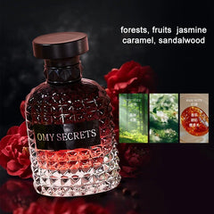 A bottle of Omy Secrets perfume with a textured glass base and black cap, displayed with fragrance notes.