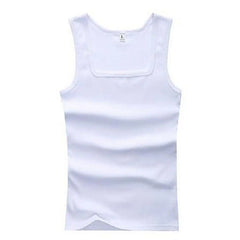 A plain white men's sleeveless cotton tank top with a square neckline.