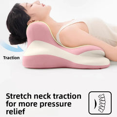 A person lies on their back using a pink and white contoured memory foam neck traction pillow.