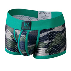 JOCKMAIL men's camouflage mesh boxer briefs with a green waistband and front pouch.