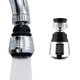 A chrome swivel faucet aerator shown attached to a tap and as a separate unit.