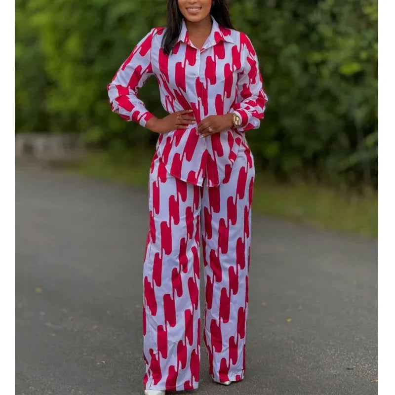African Fashion Stripe Printed Two Piece Set Women Spring Autumn Casual Button Long Sleeved Shirt Wide Leg Pants Set SHOWLU FASHION STORE