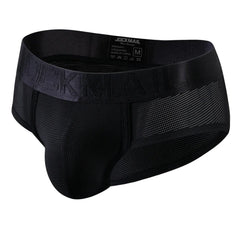 Black JOCKMAIL men's mesh knit bikini briefs with a branded elastic waistband.