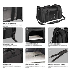A black soft-sided pet carrier with mesh windows, a shoulder strap, and an internal safety leash.