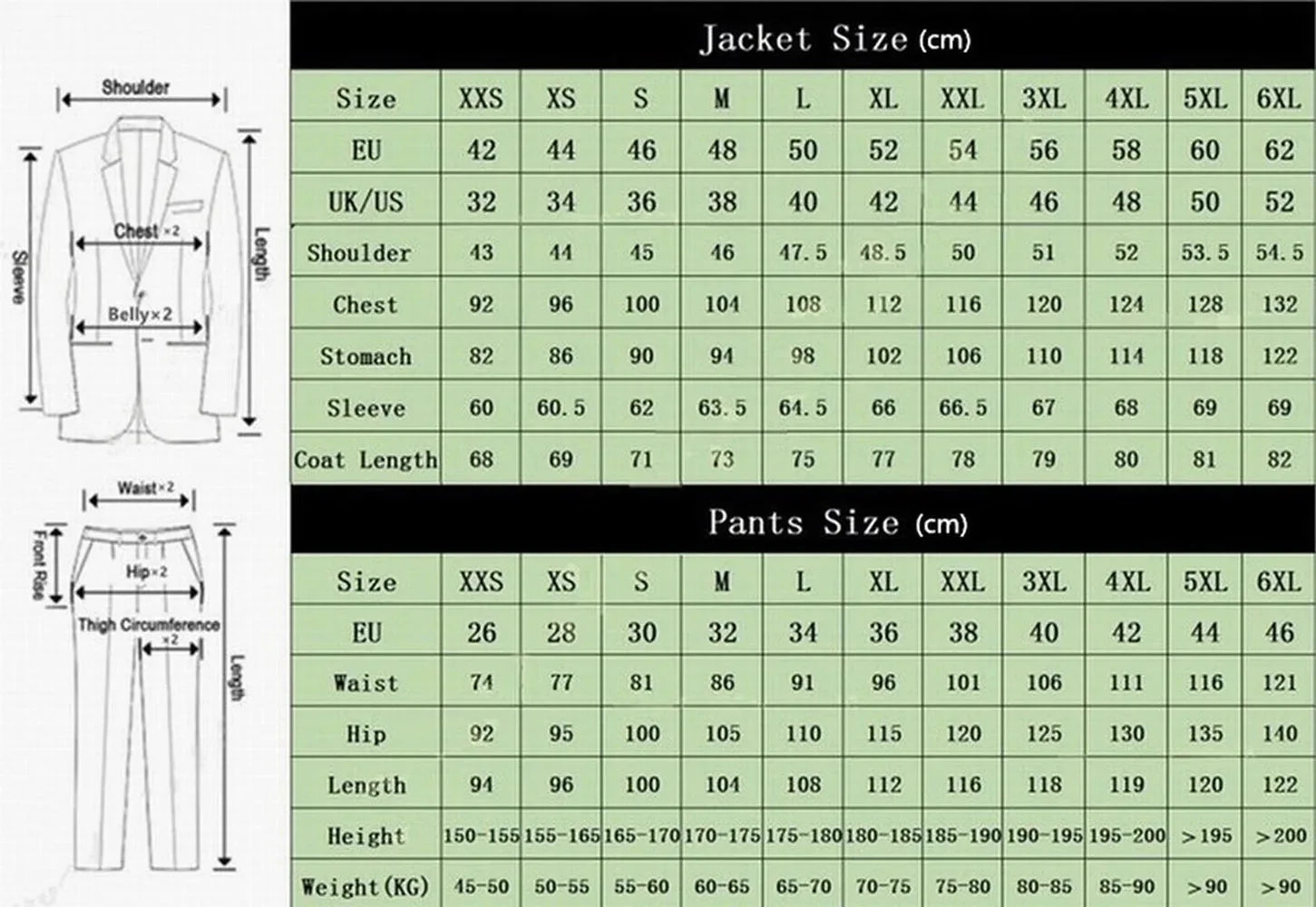A size chart for a men's two-piece suit showing jacket and pants measurements in centimeters.