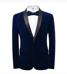 A navy blue velvet slim fit tuxedo blazer with a black shawl lapel and matching bow tie.