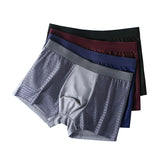 A set of four breathable mesh boxer briefs for men in black, maroon, blue, and grey.