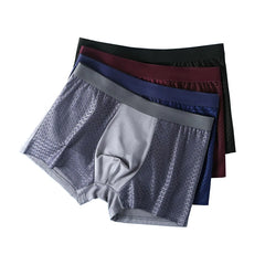 A set of four breathable mesh boxer briefs for men in black, maroon, blue, and grey.