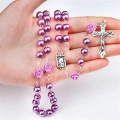 6MM Pink Rosary Necklace For Women Rose Glass Beads Chain Crucifix Cross INRI Pendant Men Religious Prayer Long Jewelry