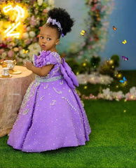 Luxury Lavender Girls Birthday Dress Customized Beading Bow Flower Girl Dresses Queen Ball Gowns for Wedding Party