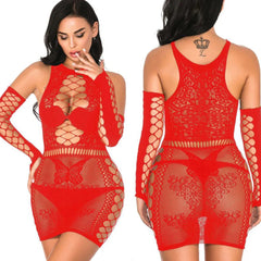A red fishnet mini dress with long sleeves, a lace-up front, and a cutout back design.