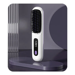 A white ionic hair straightening brush with a digital temperature display set to 200 degrees.