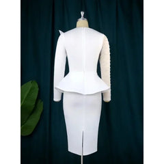 2025 Women White Party Dress Sexy Long Sleeve O Neck Beading Mesh Patchwork Peplum Elegant Event Evening Birthday African Gowns