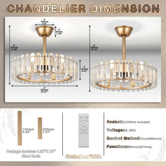 A crystal chandelier ceiling fan with two downrod options, remote control, and technical dimensions.