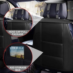 Black PU leather car seat back protector with a headrest cover and a storage pocket.