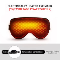 A red heated eye mask with a honeycomb pattern and an attached temperature control cord.