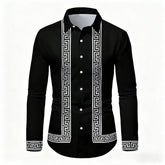 Men's Retro Geometric Print Long-Sleeve Shirt, Stylish Black and White Color-Blocked Slim Fit Shirt, Casual and Versatile Top