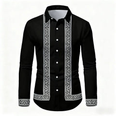 Men's Retro Geometric Print Long-Sleeve Shirt, Stylish Black and White Color-Blocked Slim Fit Shirt, Casual and Versatile Top
