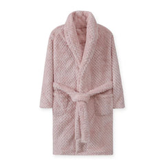 A soft, light pink flannel bathrobe for children with a textured pattern and a tie waist.