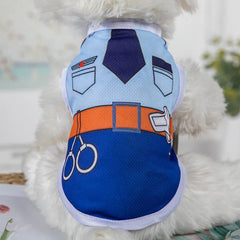 A light blue and dark blue dog tank top printed with a police uniform design.