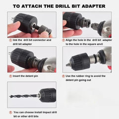 A five-step instructional guide showing how to attach a drill bit adapter to an impact wrench.