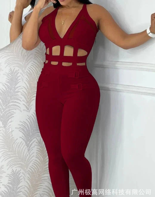 Women's jumpsuit 2025 summer new sleeveless new fashionable hollow camisole buckle comparison mesh tight jumpsuit SHOWLU FASHION STORE