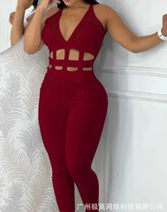 Women's jumpsuit 2025 summer new sleeveless new fashionable hollow camisole buckle comparison mesh tight jumpsuit SHOWLU FASHION STORE