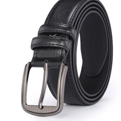 A black leather men's belt featuring a textured gunmetal pin buckle.