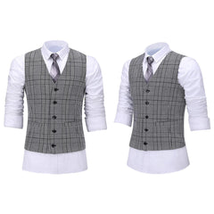 A grey houndstooth patterned men's vest with a five-button closure and a white dress shirt.