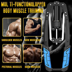 An adjustable hydraulic arm exerciser with blue handles for upper body strength training.