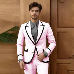 Beige Male Fashion Suit 2 Piece Set Single Breasted Jacket Pants Groomsmen Prom Blazers Outfits Slim Fit Groom Wedding Tuxedos