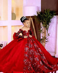Customized Pink Flower Girl Dresses Children Birthday Dress Illusion Sheer Neck Long Sleeves Beaded Lace Princess Ball Gowns