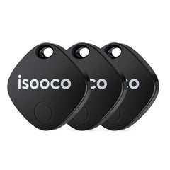 Three black square-shaped smart key finders with rounded corners and a hole for a keychain.