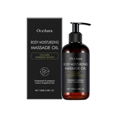 An OceAura body moisturizing massage oil bottle and its matching black box.