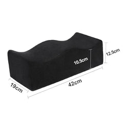 A black memory foam BBL recovery pillow with dimensions labeled as 42cm, 19cm, and 12.5cm.