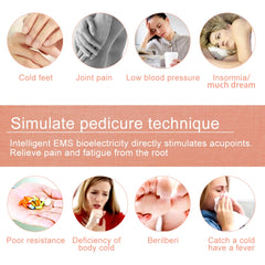 An EMS foot massager mat is shown with icons illustrating various health conditions it aims to address.